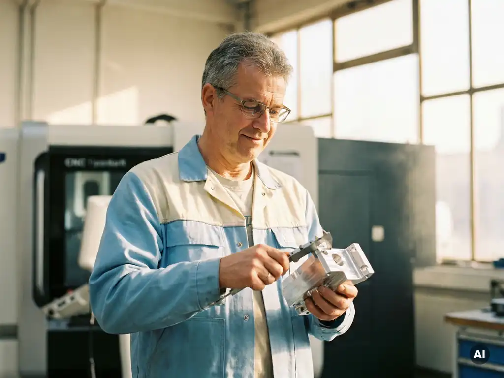 Deutscher Zerspanungsmechaniker prüft gefräste Aluminiumkomponente in moderner CNC-Werkstatt mit natürlichem Lichteinfall.